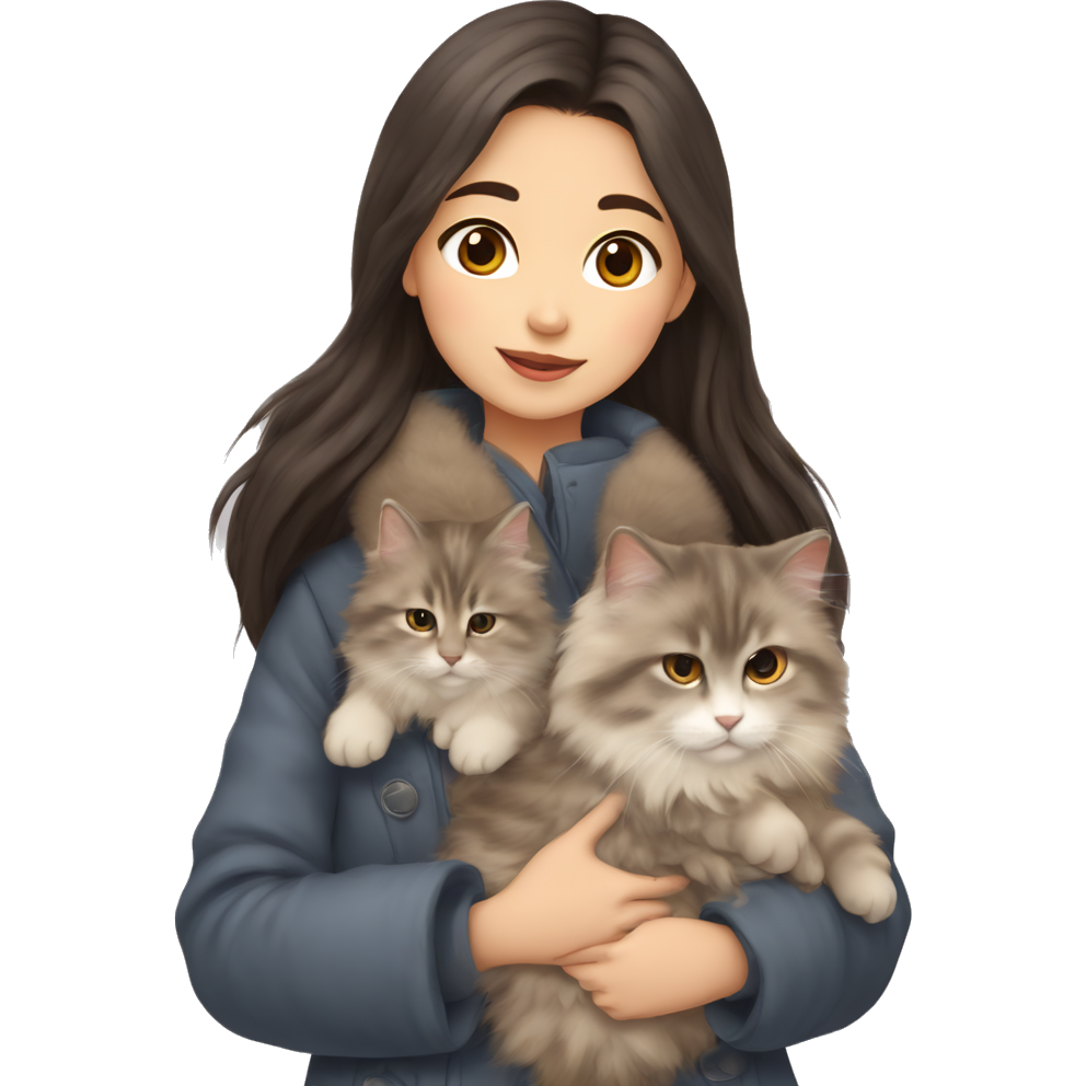 A chick Asian Girl with dark brown long hair wearing a cozy coat holding her Neva Siberian cat in her arms