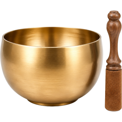 Ultra-realistic sound bowl, premium spa aesthetic, elegant smooth metal bowl with a softly rounded shape, brushed matte gold finish with subtle tonal variation and a gentle reflective sheen, paired with a matching wooden striker featuring a polished natural wood handle and soft suede-wrapped tip, refined minimal detailing, perfectly balanced and symmetrical composition, pristine and unused appearance, high-end luxury finish, soft natural highlights, sharp focus, studio-quality lighting, hyper-detailed textures