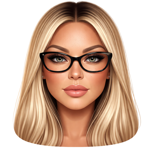 48 year old baddie with slightly full lips a slight bumpy nose round face cheek bones with freckles almond shaped gray colored eyes lashes nose stud fair skin with long straight blonde hair and dark roots parted in the middle serious and wearing black glasses