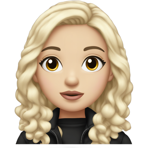 Girl with black long hair , black eyes with long lashes , black thin eyebrows , pink lipgloss , pale skin , black T-shirt & black puffy coat , button nose