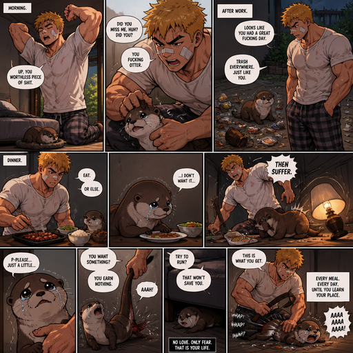 A story about a Young Adult BARA CUTE that is Peach Toned skin not anything else MALE not to detailed Wit h bigger than average Pecs that a re visible through the shirt and Biceps and a big Bandaid on his nose and Left Cheek and Right Eye brow with Scars all over his Chest and arms. Wearing a White Baggy Top that is tight around the waist and Athletic shirt drenched in sweat and Short and yellowish orange Hair and Bright Gold Fluffy Hair and Strait with brown eyes and black eyebrows with a Three finger Slash on his Eyebrow. With no Facial Hair. Waking up in the morning in pajamas and his pet otter but Excessively bully’s it. And when he comes back from work he sees the otter right we’re he left him with trash around him and made a mess. He makes dinner and the Otter doesn’t even eat dinner and cries. And he Tips lamp over and Every food the otter doesn’t eat th e Otter doesn’t even eat dinner and cries. And he Tips lamp over and Every food the otter doesn’t eat there are is discipline. and asks for some and the and the looses a tail and tries to run under the couch but stops him. And the otter Receives discipline that. All of this is outside