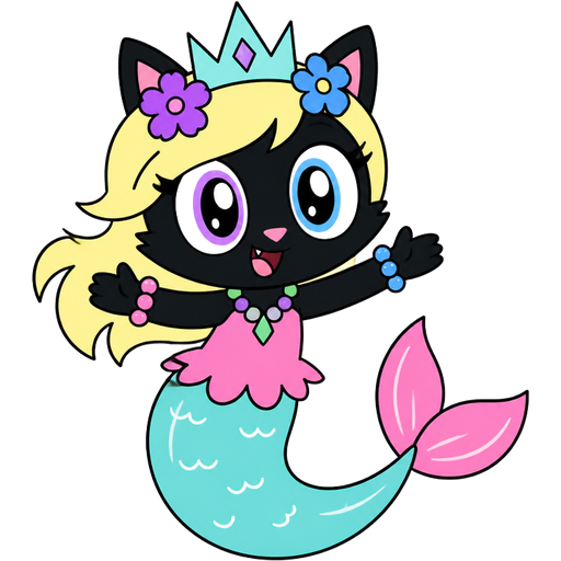 black cat with light yellow hair purple and blue flowers light cyan crown purple and green necklace pink and blue bracelets pink dress attached to long light cyan mermaid tail with white highlights with pink tail fins with white highlights in cartoon network styles 1 mighty magiswords 2 adventure time 3 unikitty! 4 powerpuff girls 5 we bare bears 6 hi hi puffy amiyumi 7 robotboy