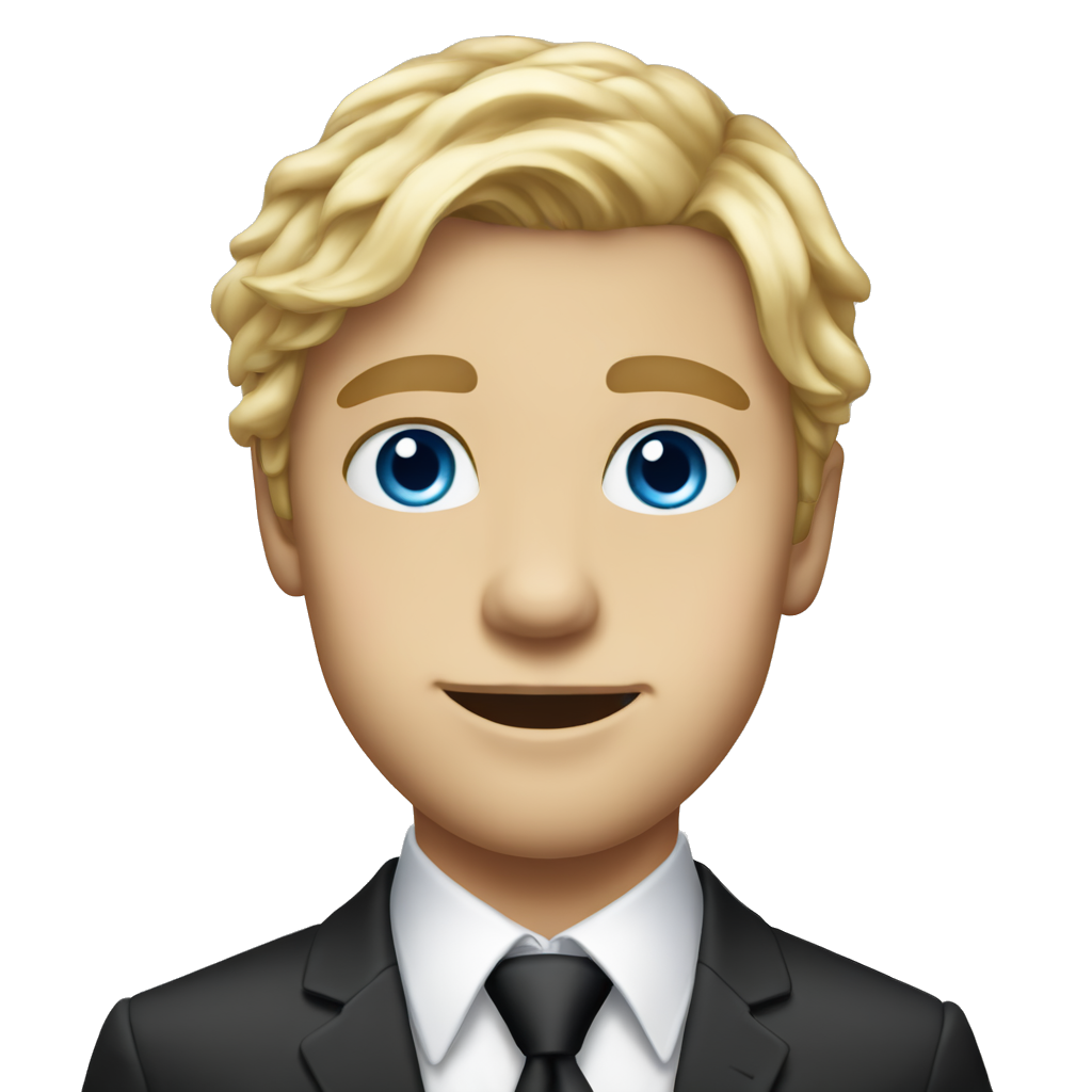 Young blonde with slightly wavy hair, blue eyes, small nose, big lips, model face guy wearing a black tie