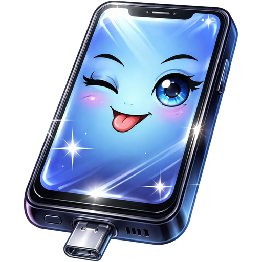 A really new black, skinny smart phone, with a naughty wink on a blue glass screen, looking at the USB charging port at the bottom of the phone obvious