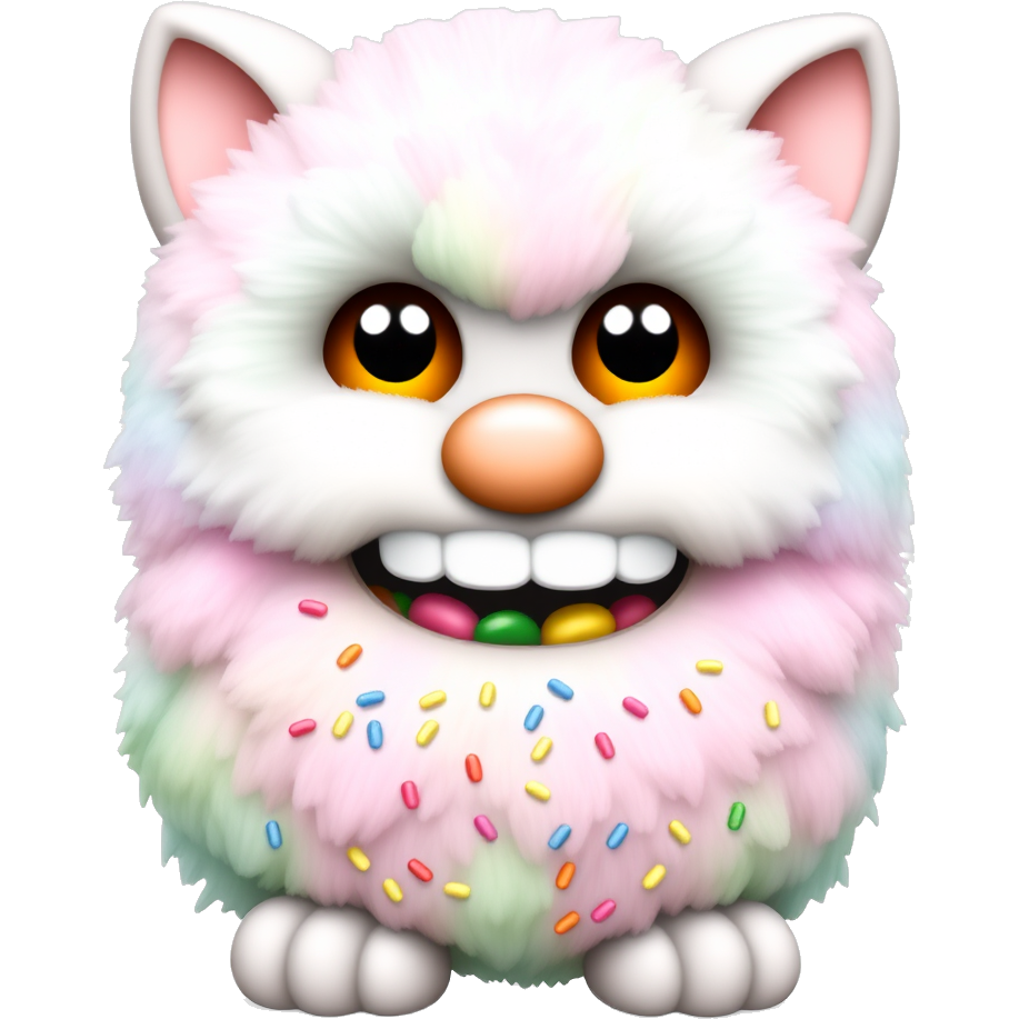A Victorian candy-coated Furby emoji, its fur replaced with colorful, fluffy cotton candy. Bright gumdrop eyes sparkle, and licorice ears dangle playfully. A gummy smile reveals a mouthful of jellybean teeth, while its body is adorned with rainbow sprinkles, giving it a sugary, whimsical charm. π¬β¨