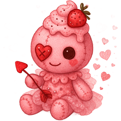 A cute strawberry ice cream themed pink and red Cupid voodoo clown doll with one heart button eye with a ton of sparkly heart confetti theme tulle accents on the clothing