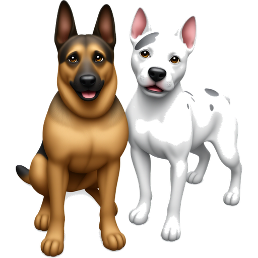 Create a super realistic image of a German Shepherd next to a white Pit Bull with brown spots on one ear and on the back, posing for a photo.