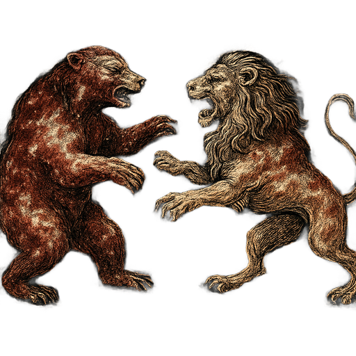 A nebulae of a bear fighting with a loin and the nebulae is white and dark red and the background is the Milky Way