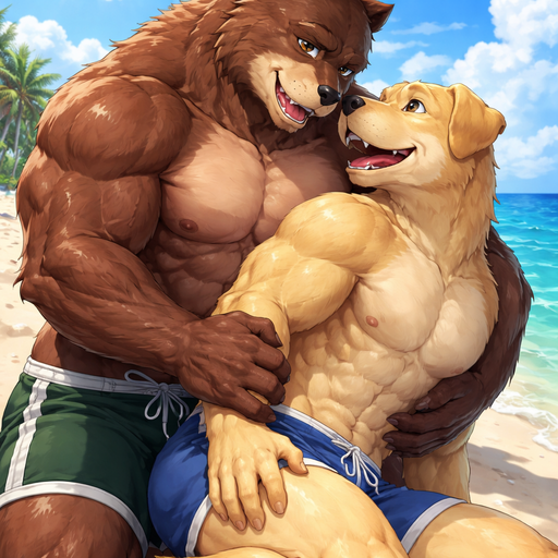 A Full BODY and FACE of a Buff and a Bara Furry Grizzly Bear with brown eyes with a wrestler type body. At the Beach. Talking to his Labrador Retriever Boyfriend who is as big as him, looking back at him. Leaning over him and Grabbing him around the Waist. In his Lap Grabbing his Thigh