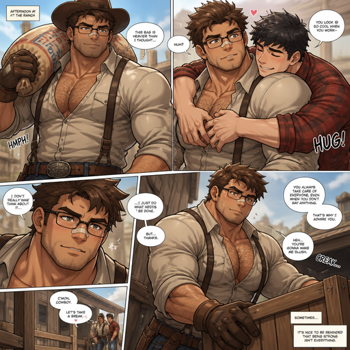 A REALISTIC AND LIFELIKE ANIME Comic Book story view of a Bulky but Muscular ANIME Cute Bara Man With Peach toned skin Who looks Normal and a HUGE and MASCULINE facial structure With Puffy and Big Pecs that are visible through the shirt and Biceps and Bandaid on his nose and Brown Spiky hair and His Hair Curls At the tip of strands. Wearing a Cowboy Outfit with glasses, and Looks Really cute in it and Likes his Hairy body. His crush hugs him, and He Carries heavy stuff that makes him look attractive and Hot.