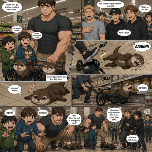 A DETAILED AND LIFELIKE ANIME Comic Book story view of a Bulky but Muscular ANIME Cute Bara Man With Peach toned skin Who looks Normal aind round facial Structure and Basic facial structure With Puffy and Big Pecs that are visible through the shirt and Biceps and Bandaid on his nose and Brown Short and Strait hair. Wearing normal With his pet Grown and long and Owns HEALTHY, CUTE AND REALISTIC OTTERS in Dog Wheel Chairs and 2 little brothers that are in different ages but young. At the grocers store, And their otters cuddle. One of the otter got bullied by humans, and the otter flys out of the wheelchair and the otter lays there unable to move and crying. And the otter’s twin Was held back and rolled into a Isle shelf Away from His Brother And the otter’s twin fell over