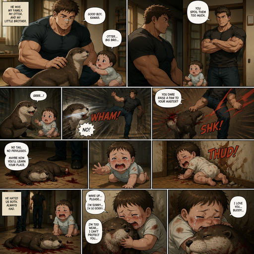 A DETAILED AND LIFELIKE LONG ANIME Comic Book story view of a Bulky but Muscular ANIME Cute Bara Man With Peach toned skin Who looks Normal aind round facial Structure and Basic facial structure With Puffy and Big Pecs that are visible through the shirt and Biceps and Bandaid on his nose and Brown short hair that makes them look tough. Wearing normal With his pet Grown and healthy realistic otter. And had a brother infant baby And the otter sticks up fr the baby but the baby knows he‘s not enough and then flies to the wall from him and lays there and the otter looses his tail In discipline for defending him. And the baby watches everyhting crying and trying to help but is to weak and the Brother hated them both the whole time and the otter didn’t wake up and the baby huged the otter