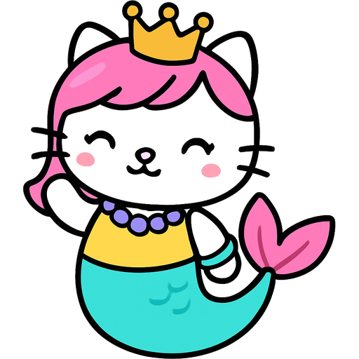 clipart cartoon style white cat with pink hair golden crown with light purple necklace light cyan braclets yellow dress with pink skirt attached to long cyan mermaid tail with pink tail fins based on hello kitty fan character emoji, expressive cute style