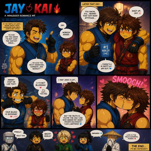A Anime Comic Book Ninjago Fanfic of Romance between Jay Humorous and extremely funny with Huge Biceps and Arms and Kai