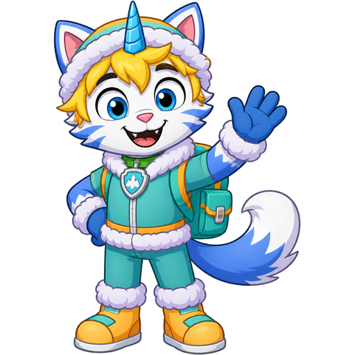 smiling cat anthro furry boy with yellow hair blue and white tail white wrists blue hands white socks yellow boots green collar blue unicorn horn based on unikitty wearing everest's hat and everest's clothing with everest's backpack