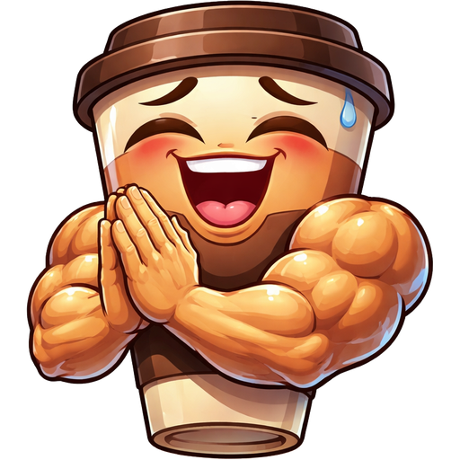 A person who is a muscly take away coffee cup. He is clapping his hands in a state of absolute happiness!!! He has a full body tan