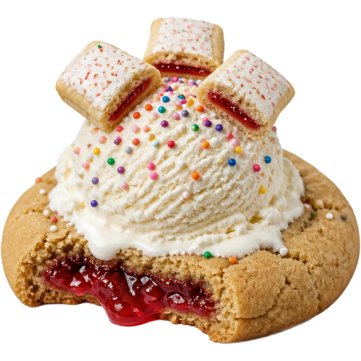 Cookie Filled with Strawberry Preserves and Vanilla Ice On Top with Rainbow Sugar and Three Pop Tart Bites on Top