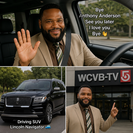 Anthony Anderson grant beige blazer brown shirt and white and black and green stripes tie bye Anthony Anderson see you later I love you bye driving suv 🚙 Lincoln Navigator going to the wcvb-tv 5