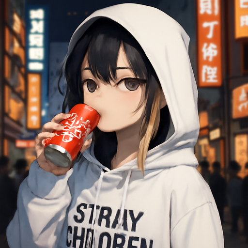 An anime art of a black-haired girl with a hood over her head in Tokyo, she has a white stray children's huddie and drinks from a dose of Korean Coke she has blonde strands
