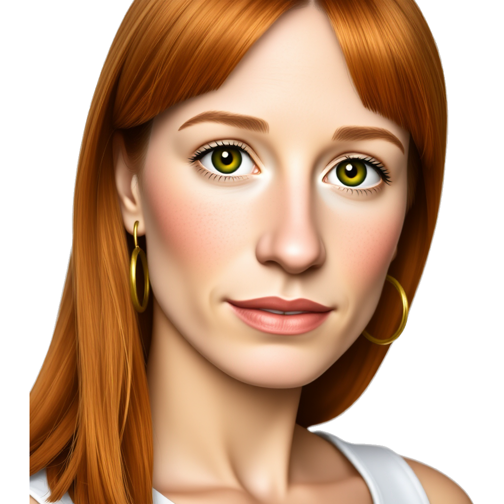 Red/ orange hair,women, medium length, green eyes, tan skin, lots of freckles on face, gold earrings,