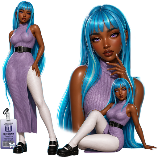 Blisstina Utonium With a Dark-Deep Cool Walnut Skin Tone and a Heart Lip Shape with a Squirrel Eyelash Style Set Up and a Warm Brownie Matte Lipstick with a Beige Eyeshadow and a Modern Tail-Arched Eyebrow with a Wide-Set Eye Shape and an Oblong Face Shape with Longish Neon Cyan Blue Hair Including Bangs with Bright Cyan Highlighted Streaks and Purple Eyes with a Long Lavender Purple Ribbed Knitted Sleeveless Dress With a Thick Black Belt and Long White Legging Pants with Black Clog Boots and a Luminous Glazed Complexion with a 3D Naturalistic Animation and a Mature Adult Curvy Toned Build with a Luxury Glossy and a Refined Pristine Set Up with a Theatrical Appearance