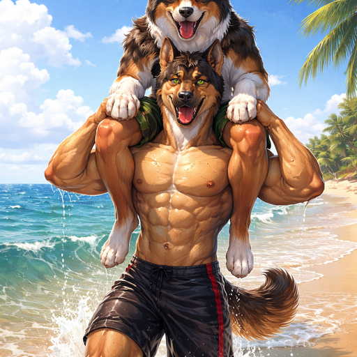 A Full Body Image of a Hunky and Chunky a Very Hot and Handsome German Shepard mixed with a Australian Shepard bara furry who is a Muscular but not to muscular and Extremely Chiseled Body features Masculine and Handsome and Ginormous Arms and a Rounded Pecs very Short Strait Hair but tall and very lean. Shirtless at the Beach getting out the water carrying his friend on his shoulders
