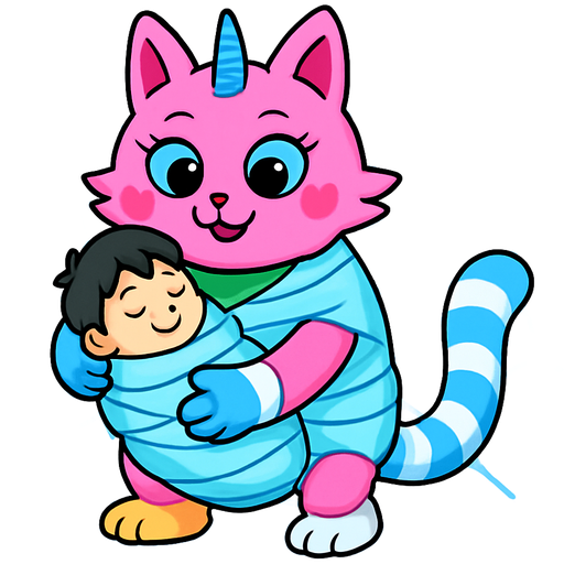 giant pink cat spider hybrid with blue horn green neck blue eyes with eyelashes heart shaped cheeks white wrists blue hands white ankles yellow feet blue and white tail happy hugging #B8FFFF slikworm cocooned pod black haired boy happy covered with #B8FFFF huge coating of #B8FFFF slik and huge #B8FFFF slik wrappings and huge #B8FFFF webbing wrappings #B8FFFF