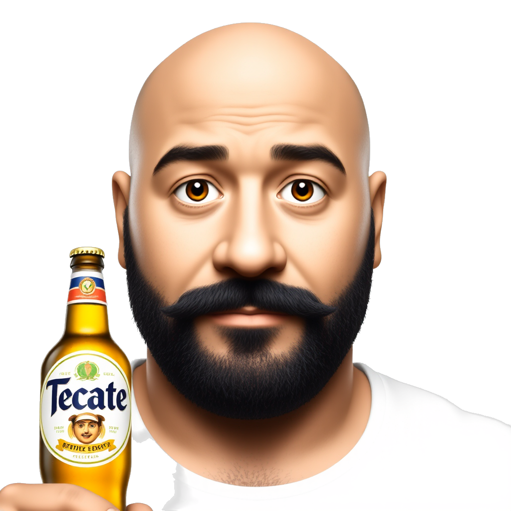 Bald man with a chubby face a light brown skin complex and a black mustache big brown eyes black thick eyebrows and black beard with a Tecate beer in a glass bottle