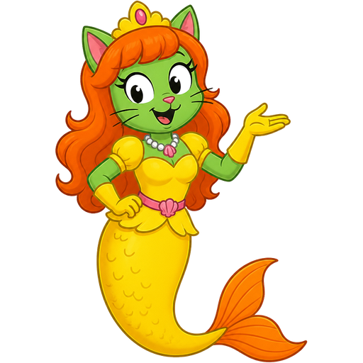 green cat anthro with yellow dress attached to long yellow mermaid tail with orange fins yellow gloves orange hair based on princess mindy spongebob squarepants