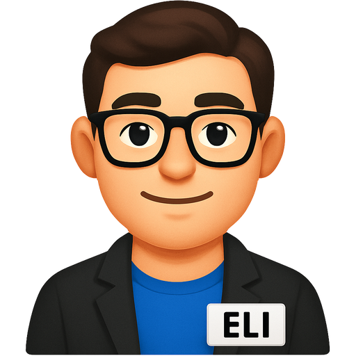 Guy with a name tag that says Eli with glasses with a blue shirt with a black jacket with black paints