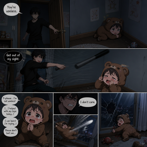 He opens the door and his baby brother has chubby cheeks in BEar clothes crawls into a corner scared. Then a bat is flung and he misses The the baby flinches and begs and reasons with and talks about how he isn’t useless him not to but he doesn’t listen and the baby flys and hits the window and lays there near the window