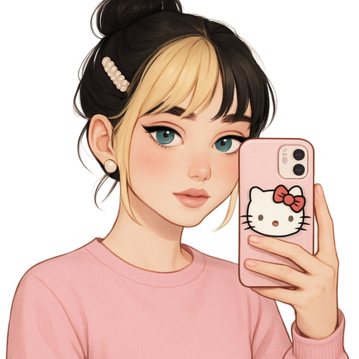 A mix of blue and green eyes with blonde and black curtain bangs white pink lips cold, cool blush nose with highlights short pretty eyelashes hair in a messy cute slip back bun pink, Lululemon shirt, long sleeves, hello Kitty phone case taking a picture with white pearl earrings and a pearl clip and hair