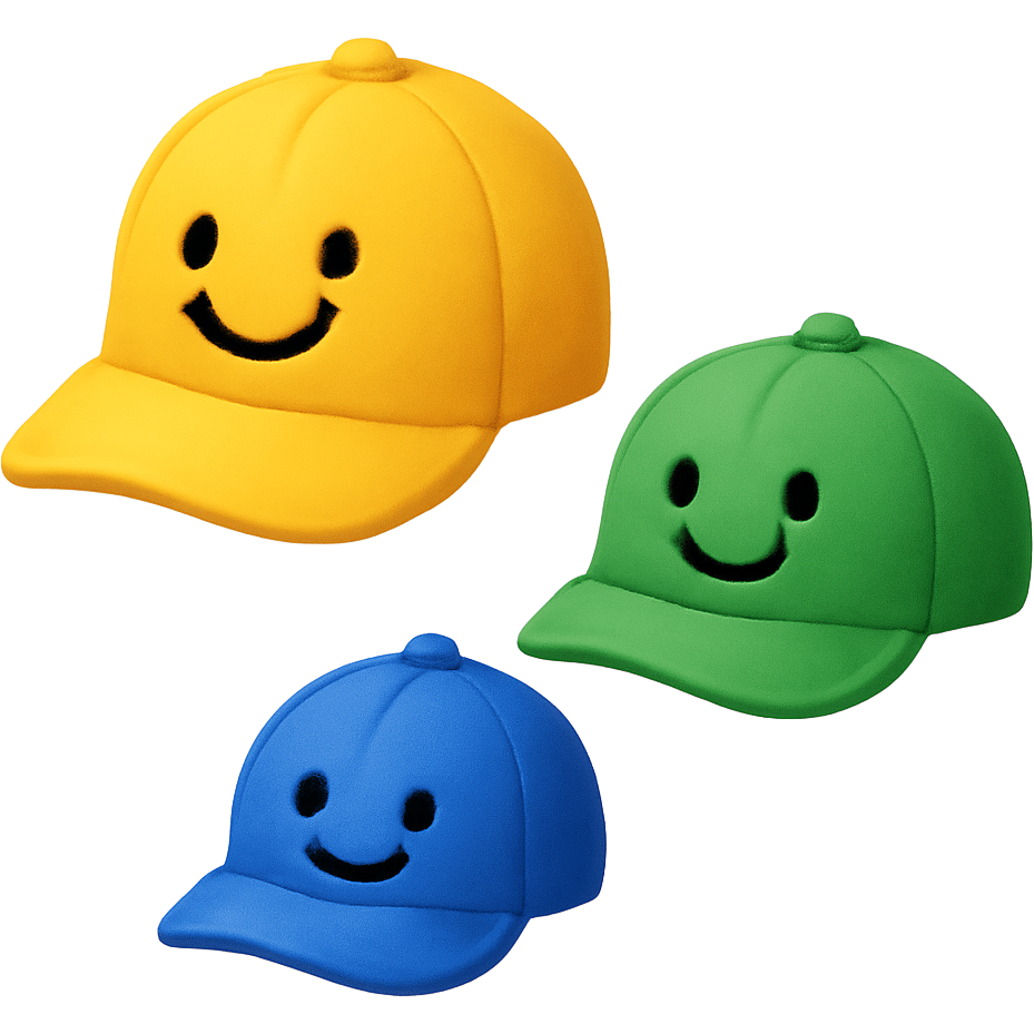 Three cute baseball caps of different colours and different sizes in random arrangement with different smiley faces on them