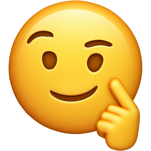 Smart thinking smirking emoji with face turned slightly to the side with finger pointing to the temple/ top of head