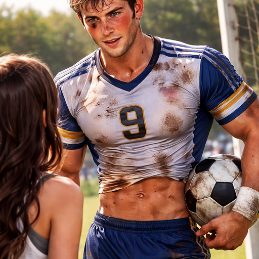 A Real life Full Body Image of a Hunky and Muscular, Handsome and Masculine Football player with Brown Spiked hair and Blue eyes and with Chunky Arms and Pecs and Stocky Body. Wearing a short Soccer Jersey with Armbands. Blushing hard with a Sunburn under his eyes cuts and bruises on his Face and Stomach. Talking to a Girl