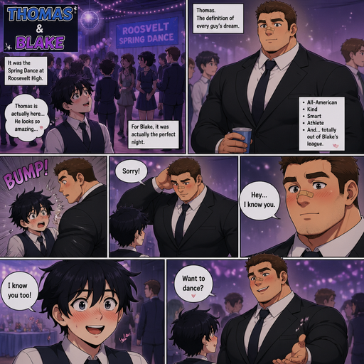 A Comic book story of a Bulky and muscular ANIME Cute Bara Man Who looks Normal and American with a round facial Structure and Basic facial structure With Big Pecs and Biceps and Bandaid on his nose. Wearing a Suit and Tie and the Perfect Physique and named Thomas. With Blake a Skinny and small High schooler with a huge crush on Thomas. AT a school Dance. Thomas bumps into Blake and then Says sorry while looking down and then finally looks up at him and blushes and says hey I know you and Blake says I know you too. The Thomas says want to dance