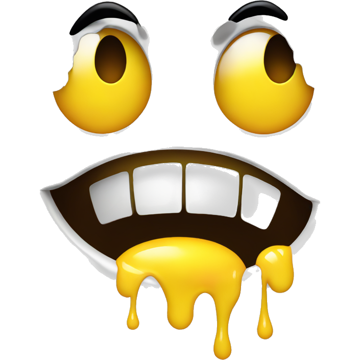 Generic happy smiley emoji with open eyes but shut mouth with yellow dripping effect come from the bottom of the emoji
