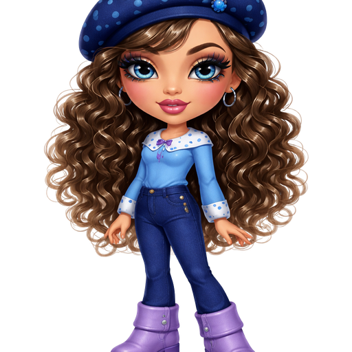 Blueberry Muffin from Strawberry Shortcake with a Neutral Olive Beige Skin Tone adding to it a Heavy Upper Lip furthering the Deepset Eyelashes with a Velvety Matte Mauve Moment Lipstick Style Finish with a HD Glitter Eyeshadow Makeup Look with a Modern Tail-Arched Eyebrow and also Wide Set eyes, Going into a Rectangular Face Shape and a Mature Adult Toned Shape and Deep set Earlobes Wearing a Dark Blue Beret with Light Blue Polka Dots all around it and a Light Blue Blueberry Clip at the Very top with Fizzy Curly Brown Hair with a Blue Long Sleeve Shirt with the Top of the Neckline being White with Blue Polka Dots and the bottom of the Sleeve are White with Blue Polka Dots and also the shirt has a thin Purple Bow in the Middle Wearing Dark Blue Pants and 4 Buttons on the Side and Purple Lilac Boots with Vivid and Distinct Features and Visual Texture in an intense polished shine