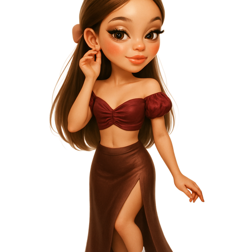 semi-realistic soft cartoon luxury glam, mini plush Bratz-doll aesthetic, cinematic glow, crisp clean detail, glossy glam skin. brown eyed skinny Petite girl, fair skin with soft freckles, wide face with tall forehead, honey-brown almond wide-set upturned eyes, fluttery lashes, shimmer highlight, plush lips, bottom heavy lip, sweet Belle-princess vibe, long straight brunette hair with visible blonde highlights, softly defined feminine body, soft hourglass shape with full round bust, muted berry red satin off-shoulder cropped top with ruched front and satin milk-choco-rose low-rise maxi skirt with side slit, ivory lace socks and nude platform heels. hair in slick low pony with bow tie, champagne shimmer on cheeks, coral gloss, warm almond nails, softly smiling while fixing earring. full body showing. Cozy romantic glow, soft warm lighting, pop-princess energy