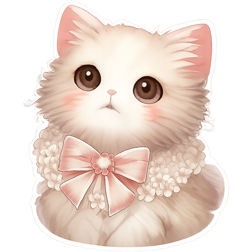 Create a sticker: a cat in a lace collar with a bow, looking up with an innocent expression. Palette: beige-pink, soft shadows, gold highlights on the collar. Transparent background, style - cute semi-realism with detailed wool.