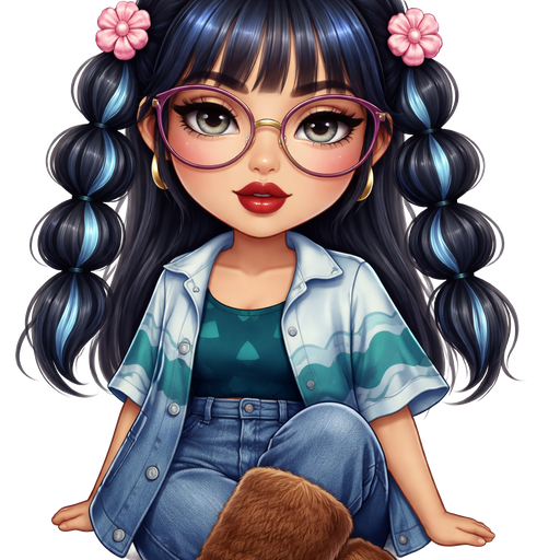 Everything Muffin With a Fair-Light Warm Golden Natural Skin Tone With a Wide Lip Shape with a Grey Eyeshadow and a Thick Eyebrow with a Hooded Eye Shape and a Oval Face Shape with a Dark Blue Hair with a Bubble Braided Medium Cut Hairstyle including Bangs with the Scrunchies Being Pink Flowers and Pastel Blue Highlighted Streaks Throughout the Hair Wearing Purple Large Rounded Glasses with a Dark Red Lipstick Wearing a Dark Teal Dress with a Printed Pattern of Three Light Blue Stretched out Upside Down Triangles with a Short Sleeved Button Up Shirt on Top of The Dress With the Top Being Light Blue and The Bottom is Steel Blue and the Sleeves Have a Wavy Printed Pattern With the Waves Being Teal and the Surrounding Being Turquoise With Steel Blue Pants and Long Brown Plush Boots with a Mature Adult Toned Build and Luxury Glossy