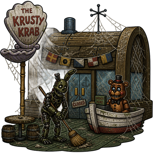 The Krusty Krab is shown to be full of dust in the future, but without any customers. Cobwebs are everywhere. An endoskeleton Springtrap sweeps the floor, and an endoskeleton toy freddy waits in the ordering boat as the new cashier,