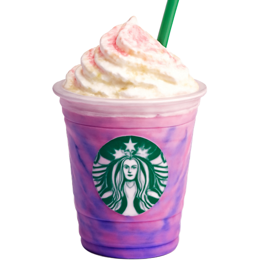 A unicorn frappucino from starbucks make it really cut with white foam and very little sparkle on the foam in pink