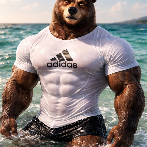 A Full Body and Face of a Muscular and. VERY Masculine and handsome Bara Furry Bear with a Cute Face and brown eyes with a wrestler type body. At a Photo Shoot Posing in a the water no chain with a white adidas shirt