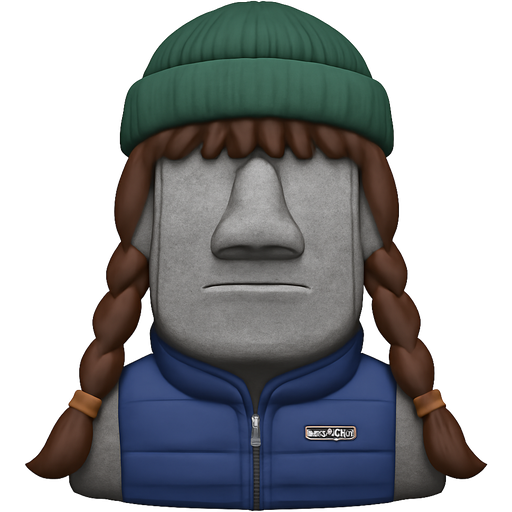 official Apple Moai grey stone statue wearing a Patagonia vest and beanie, with two long brown side braids and bangs hair
