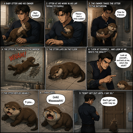 A comic book detailed and lifelike Picture by picture and shows every action of a A Baby Otter and the otter at his work in his lap trying to cuddle. And the otter is taken to the bathroom and then the otter is thrown at the Mirror and lays then he says look at yourself and look at me who’s the adult and the otter says “you” weakly and then cries and he the owner said don’t get out until I say so