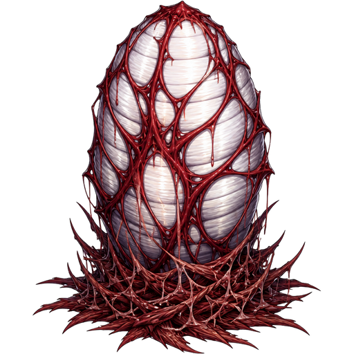 A large, upright, ribbed white egg sac Deep red, blood-like organic veins and tissue stretching across its surface Silky, dripping secretions anchor it securely to a fibrous, root-like nest on the ground.Blooderfly Cocoon from the MMORPG game Dungeon Fighter Online