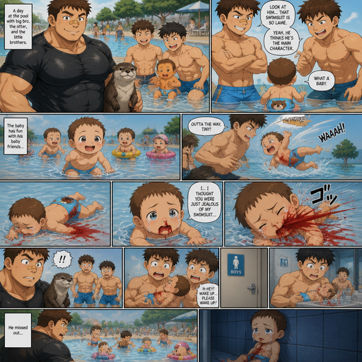 A DETAILED AND LIFELIKE long Anime Comic Book story view of a Bulky but Muscular ANIME Cute Bara Man With Peach toned skin Who looks Normal aind round facial Structure and Basic facial structure With Puffy and Big Pecs that are visible through the shirt and Biceps and Bandaid on his nose and Brown short hair that makes them look tough. Wearing normal With his pet Grown and healthy realistic otter and 2 little brothers and baby that has A Cute swims that are in different ages but young. At the pool And they think the baby is beneath them and the baby has fun with his Baby friends then the baby flys to the floor from one of the brothers and red comes from the baby’s nose and is on the shallow water and stained a shirt. and the baby looks up at the brothers and tears filled his eyes and tell them that he thinks they‘re just jealous of his swimsuit. And the baby’s face jerks to the left from him and a lot red comes from his mouth and His nose and his head looks down and can’t gather his strength. And the red in the water scares the baby and the brother’s take the baby to the bathroom and the baby misses out