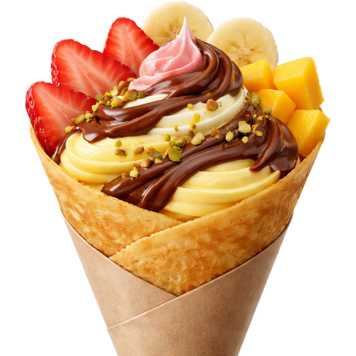 Hawaii Sunset with Strawberry, Banana, Mango Whipped Yogurt, Custard Cream, Crunch Pistachio and Nutella Crepe Cone