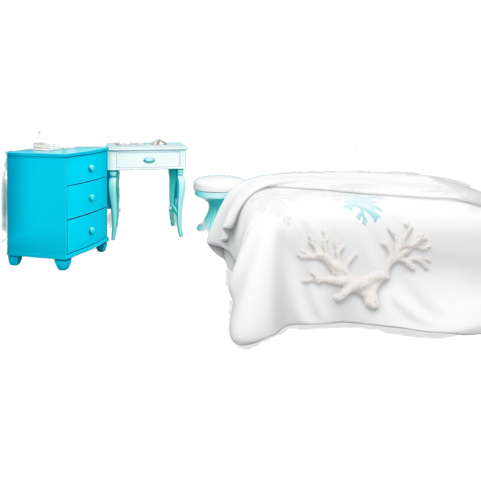 Blue bedroom with a white vanity with a plant on the left side and with a white closet with a turquoise carpet and a bed with blue bed sheets and a fur blanket and tropical lamp